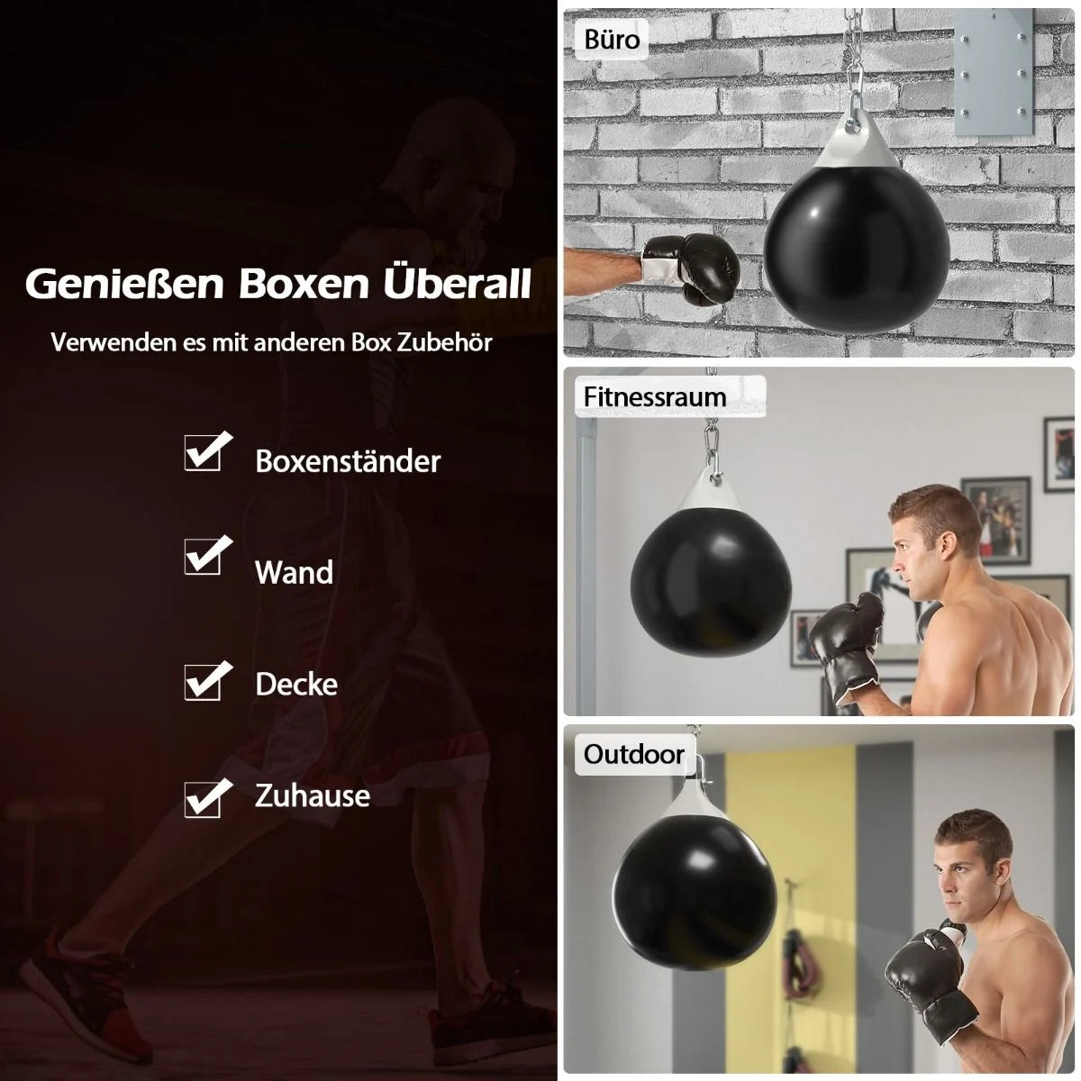 Ø45 Cm Wasserboxsack 50 Kg Boxing Punching Bag Mit Verstellbarer Metallkette Schwarz