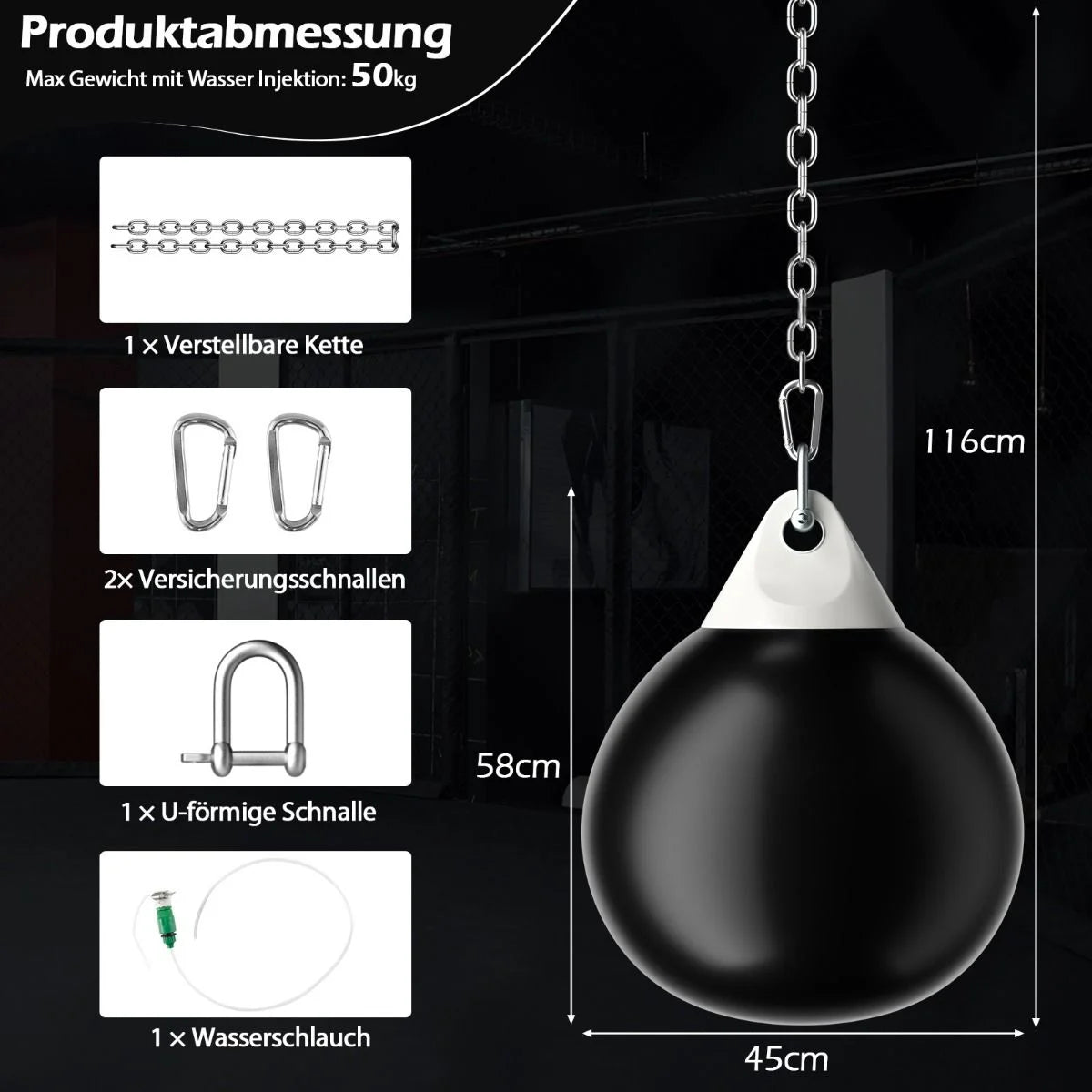 Ø45 Cm Wasserboxsack 50 Kg Boxing Punching Bag Mit Verstellbarer Metallkette Schwarz